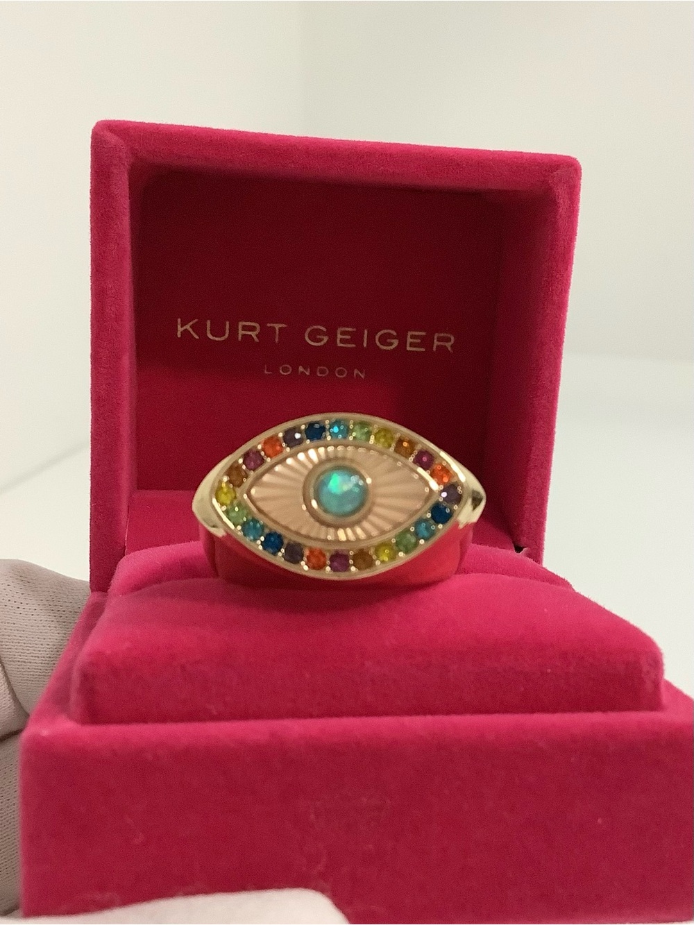 NEW Kurt Geiger London Gold tone Rainbow Multicolor Crystal Eye Ring Sz. 8 - Picture 9 of 10
